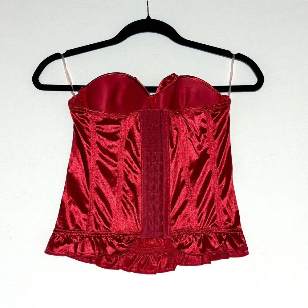Body Central Native Red Satin Corset‎ Bustier Boned Ruffle Trim Women's 34B Sexy